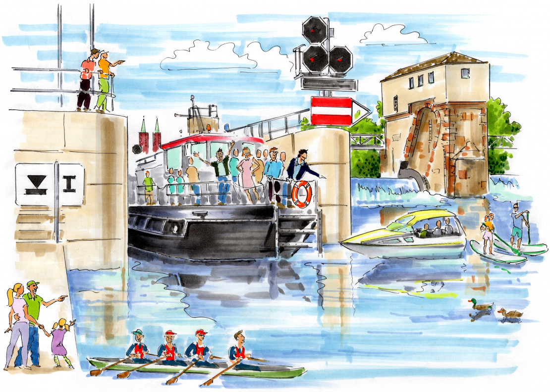(Öffnet größere Ansicht des Bildes) Mehrere Boote mit Menschen die am Tag der Einweihung am 16.06.2023 durch die Schleuse fahren als Zeichnung