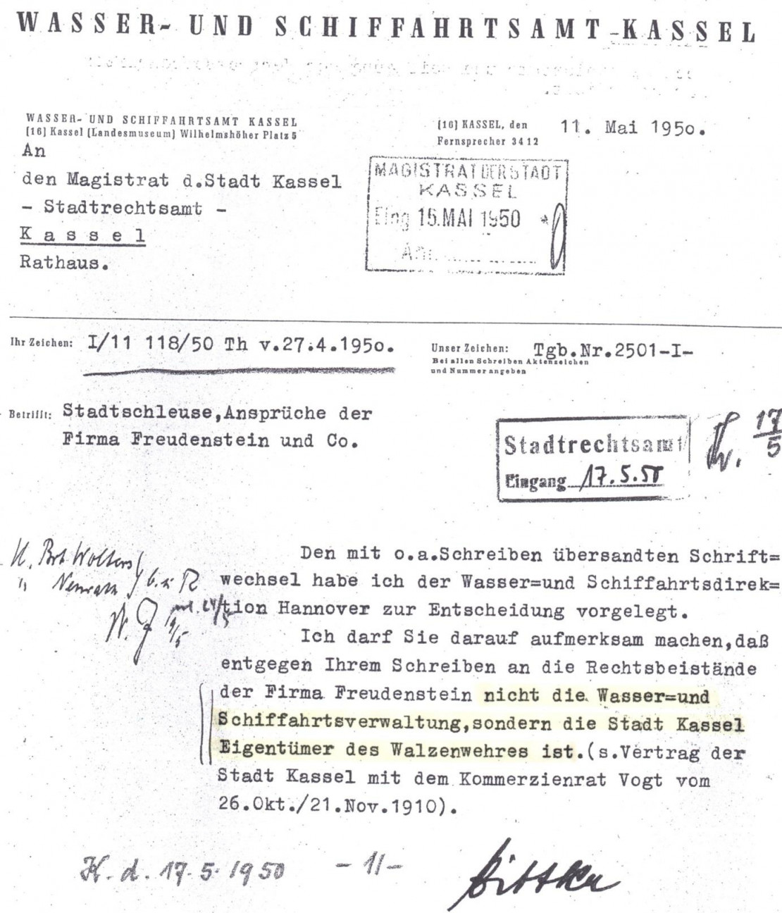 Eigentuemerin des Walzenwehres ist die stadt Kassel Nov 1910.jpg